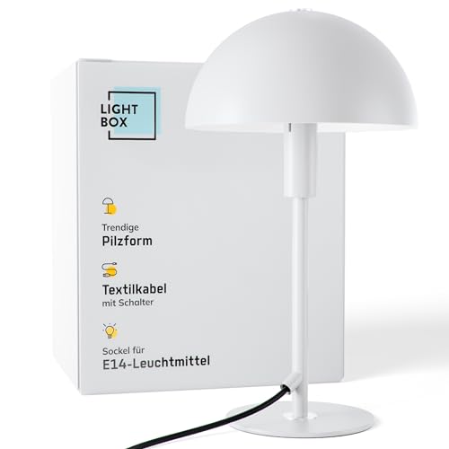 Lightbox Pilz-Tischlampe | Home Office Schreibtischlampe mit Wipp-Schalter | LED Lampe als Nachttischlampe, Büro und Schreibtisch Zubehör | E14 Fassung | aus Metall in Weiß Silberfarben von Lightbox