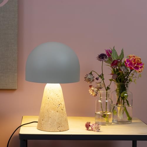 Lightbox Pilz Tischlampe mit Wipp-Schalter & Basis aus hochwertigen Travertine Stein | 31 cm Höhe & 20 cm Durchmesser | Deko Tischleuchte | E14 Fassung | Wohnzimmer-Lampe in Hell- bis Dunkel-Beige von Lightbox