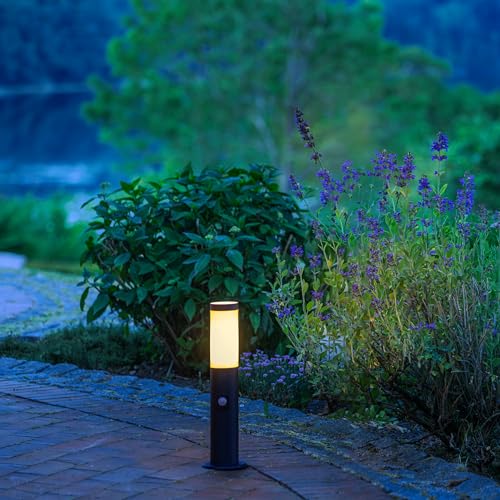 Lightbox Pollerlampe mit Bewegungsmelder - 45 cm Höhe - schwarze Outdoor Sockelleuchte -als Wegebeleuchtung für den Garten - IP44 - E27, max. 20 W - aus Metall/Kunststoff von Lightbox