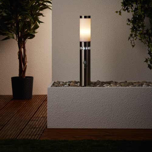 Lightbox Pollerleuchte für den Außenbereich - Spritzwassergeschützte Sockelleuchte mit Dämmerungsschalter für LED-Kranz - Stehleuchte mit einstellbarem Bewegungsmelder - Metall/Kunststoff Edelstahl von Lightbox