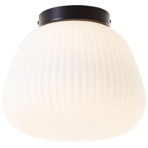 Lightbox Retro Deckenlampe mit Opalglas Lampen-Schirm | Ø 25 cm | dekorative Deckenleuchte | E27 Fassung | Wohnzimmer-Lampe aus Metall/geriffeltem Opal-Glas | in Matt Schwarz/Weiß von Lightbox