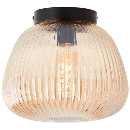 Lightbox Retro Deckenlampe mit Riffelglas Lampen-Schirm | Ø 25 cm | dekorative Deckenleuchte | E27 Fassung | Wohnzimmer-Lampe aus Glas/Metall in Amber-Bernsteinfarben/Matt Schwarz von Lightbox