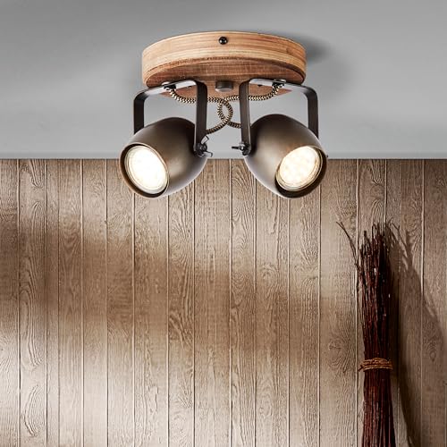 Lightbox Retro Deckenstrahler, 2-flammig, 2x GU10 max. 20W, Metall/Holz von der Kiefer - schwarzer Stahl/Braun von Lightbox