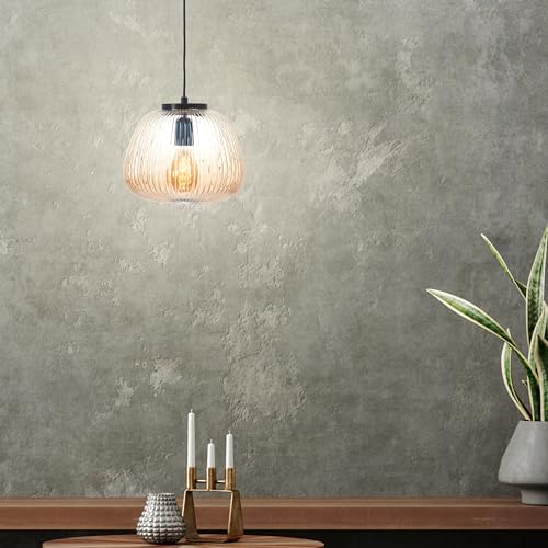 Lightbox Retro Hängelampe | 176 cm Höhe, Ø 25 cm | Pendelleuchte mit bernsteinfarbenen Riffelglas Lampen-Schirmen | kürzbar | E27 | aus Metall/geriffeltem Glas | in Amber-Bernsteinfarben/Matt Schwarz von Lightbox