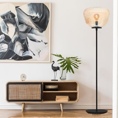 Lightbox Retro Stehlampe | 140 cm Höhe, Ø 35 cm | Stehleuchte mit bernstenfarbenen Riffelglas & Fuß-Schalter | E27 | aus Metall/geriffeltem Glas | in Amber-Bernsteinfarben/Matt Schwarz von Lightbox