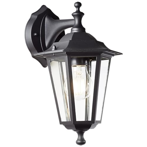 Lightbox Schwarze Außen Wandlampe mit Glas Regenschutz - hängend - Outdoor Wandleuchte - 31 x 17 x 22 cm - E27 - max. 60 W - für den Hauseingang oder das Gartenhaus - aus Metall/Glas - in Schwarz von Lightbox
