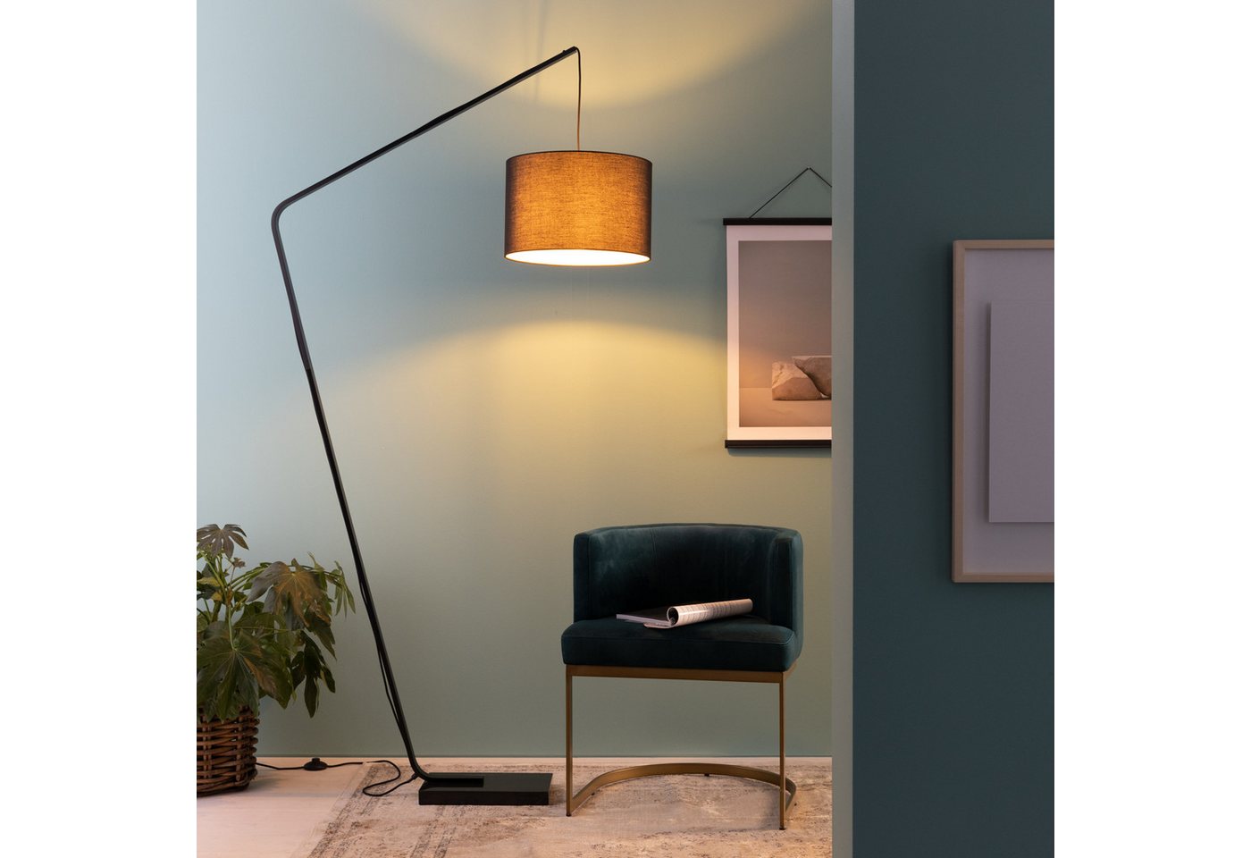 Lightbox Stehlampe, ohne Leuchtmittel, Bogenlampe, 210 x 110 cm, E27, Marmorfuß, Stoffschirm, schwarz von Lightbox