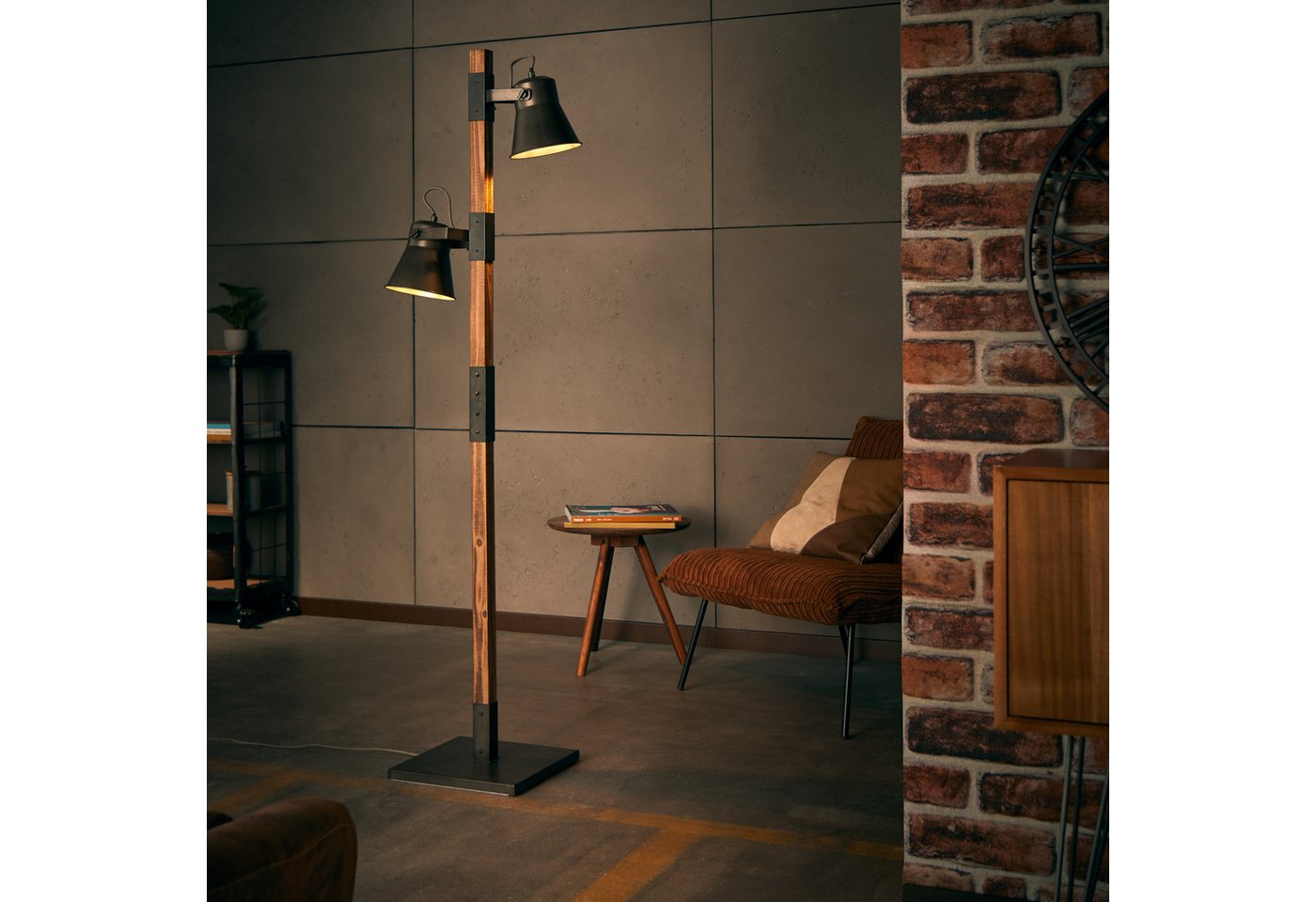 Lightbox Stehlampe, ohne Leuchtmittel, rustikale Standleuchte, 1,54m Höhe, Köpfe schwenkbar, Metall/Holz von Lightbox