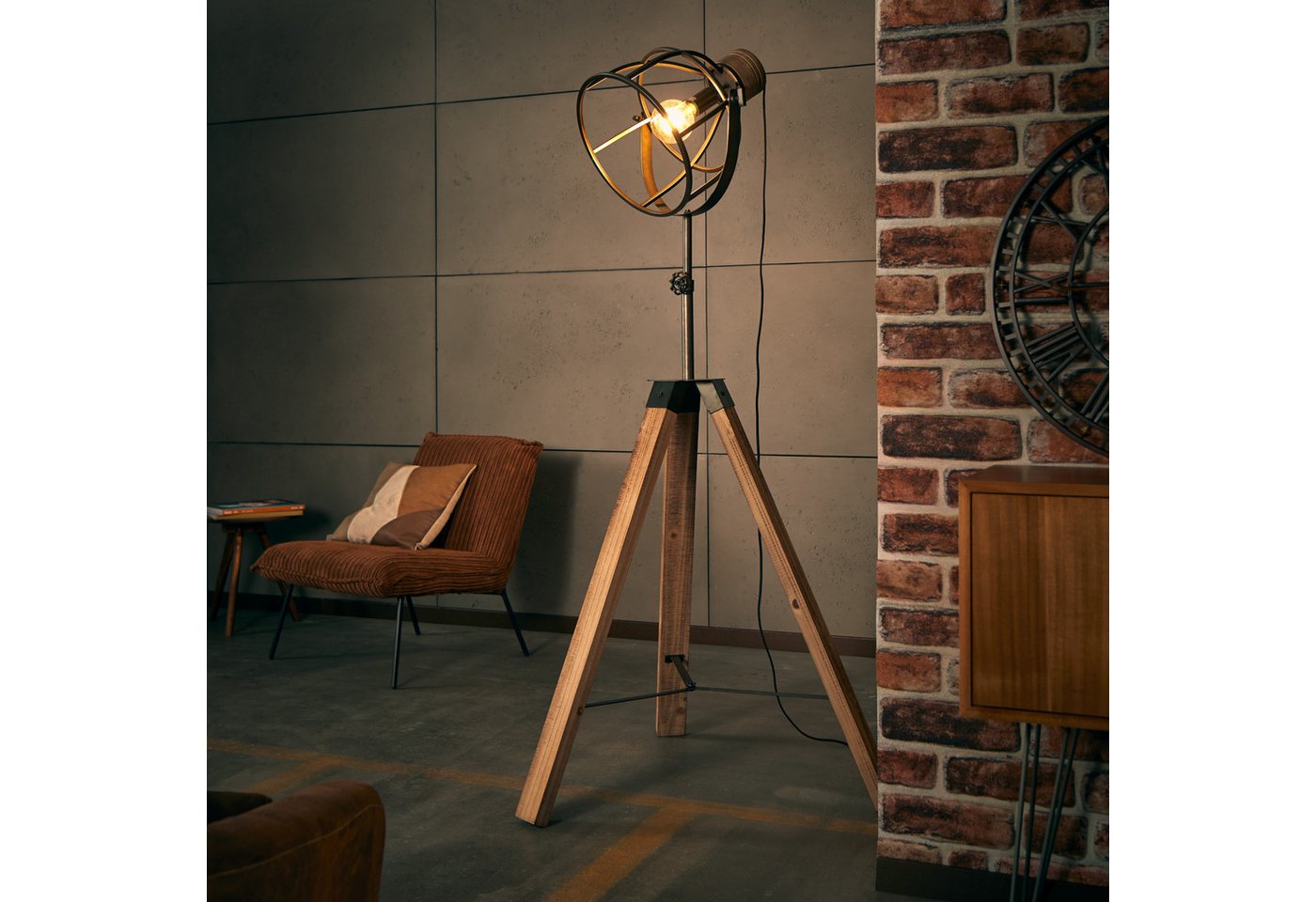 Lightbox Stehlampe, ohne Leuchtmittel, Dreibein, höhenverstellbar, Kopf schwenkbar, 1,6m Höhe, Metall/Holz von Lightbox