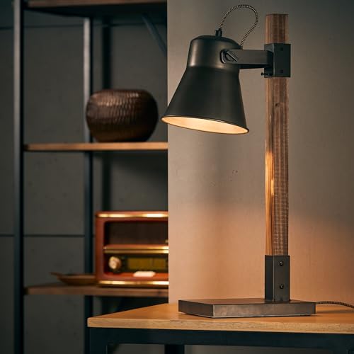 Lightbox Tischlampe im Landhaus Stil - 55 x 16 x 29 cm - rustikale Tischleuchte mit Schalter & schwenkbaren Kopf - E27, aus Metall/Holz aus kanadischer Schwarz-Pappel - in Stahl Schwarz/Braun von Lightbox