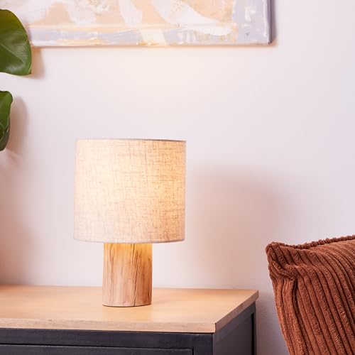 Lightbox Tischlampe im Nature Stil | Boho Tischleuchte mit Stoff Schirm in Leinen Optik 30 cm Höhe | Ø 20 cm | E27 Fassung | Nachtischlampe für das Schlafzimmer | aus Holz/Textil | in Hellbraun/Beige von Lightbox