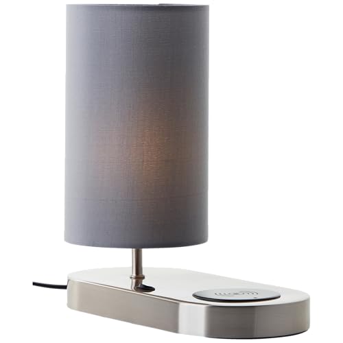 Lightbox Tischlampe mit Wireless Charging & Stoff Lampen-Schirm | 26 cm Höhe, Ø 12 cm | moderne Nachttischleuchte für das Schlafzimmer | E14 | aus Metall/Textil/Eisen in Silberfarben/Grau von Lightbox