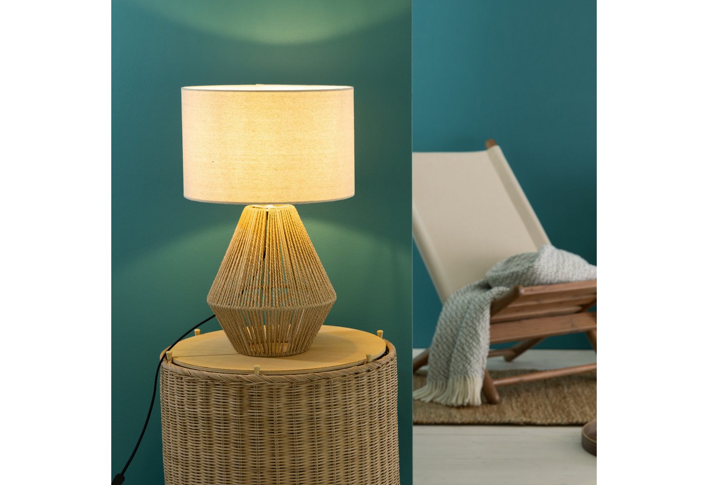 Lightbox Tischleuchte, ohne Leuchtmittel, Boho Lampe Seiloptik, 52 x 33 cm, E27, Papier/Textil, natur von Lightbox