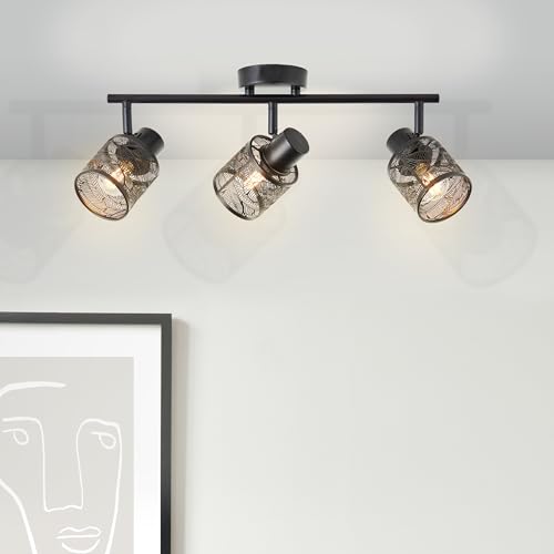 Lightbox Vintage Spotrohr - 20 x 52 x 9 cm - Deckenstrahler mit Blatt Muster Schirmen & schwenkbaren Köpfen - 3 x E14, max. 40 W - aus Metall - in Schwarz Matt von Lightbox