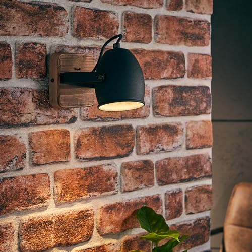 Lightbox Vintage Wandspot - 13 x 12 x 21 cm - industrieller Wandstrahler mit Basis aus Holz & schwenkbaren Köpfen - GU10, max. 6 W - aus Metall/Kiefernholz - in Kohlenschwarz/Braun von Lightbox
