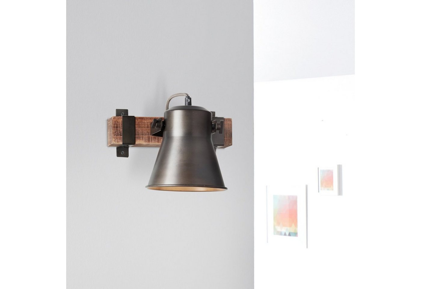 Lightbox Wandleuchte, ohne Leuchtmittel, rustikaler Wandspot, 25cm Höhe, schwenkbarer Wandstrahler, Metall/Holz von Lightbox