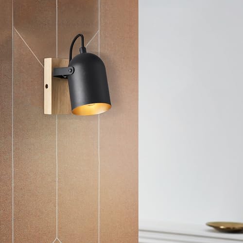 Lightbox Wandspot im Nature Stil - 14 x 8 x 18 cm - Wandstrahler mit schwenkbarem Kopf - E14, max. 28 W - aus Metall/Holz ist aus dem Kautschukbaum - in Goldfarben/Schwarz/Holz von Lightbox