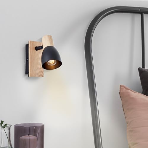 Lightbox Wandspot im Nature Stil aus Pappel verarbeitet - skandinavischer Wand Strahler mit schwenkbarem Kopf - 14 x 7 x 16 cm - E14 Fassung - max. 28 W - aus Metall/Holz - in Schwarz/Beige von Lightbox