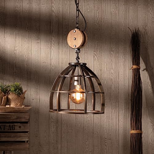 Lightbox antik schwarze Hängelampe - höhenverstellbare Vintage Pendelleuchte - 147 cm Höhe - Ø 34 cm - E27 Fassung - für Wohnzimmer- aus Metall/Holz aus kanadischer Schwarz-Pappel in Schwarz/Braun von Lightbox