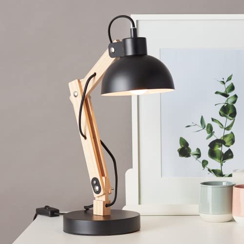 Lightbox dekorative Schreibtischlampe - schwenkbare Tischleuchte - geeignet für 1x E27 - Metall/Holz Schwarz - 42cm Höhe von Lightbox