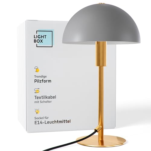 Lightbox Pilz-Tischlampe | 36 cm Höhe, Ø 20 cm | Tischleuchte mit Wipp-Schalter | glamouröse LED Lampe als Nachttischlampe für das Schlafzimmer | E14 | aus Metall in Goldfarben/Matt Taupe/Grau von Lightbox