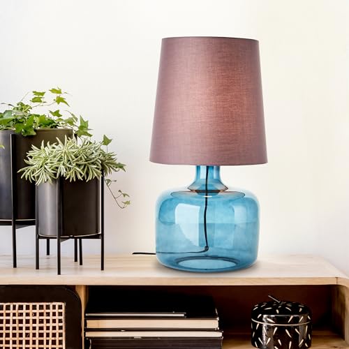 Lightbox dunkelblaue Tischlampe mit Stoff-Schirm - dekorative Tischleuchte mit Schnurzwischenschalter - 57 cm Höhe & 30 cm Durchmesser - E27 Fassung max. 60 W aus Glas/Textil in Taupe/Dunkelblau von Lightbox