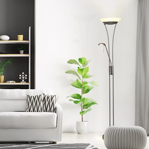 Lightbox eisenfarbene LED Deckenfluter - Basic Stehleuchte mit einstellbarem Lesearm - Helligkeit über Drehdimmer einstellbar & 1,8 m Höhe - max. 2500 lm - 3000 K - aus Metall/Glas von Lightbox