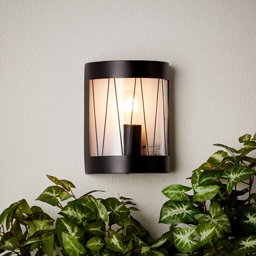 Lightbox gebogene Außen Wandlampe - 24 x 18 x 11 cm - matt schwarze Outdoor Wandleuchte mit Gitter Schirm - spritzwassergeschützt (IP44) - für Terrasse - E27, max. 40 W - aus Metall/Kunststoff von Lightbox