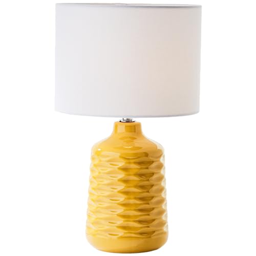Lightbox gelbe Keramik Tischlampe mit weißem Stoff-Schirm - dekorative Tischleuchte mit Schnurzwischenschalter - 42 cm Höhe & 25 cm Durchmesser - E14 Fassung max. 40 W - aus Keramik/Metall/Textil von Lightbox