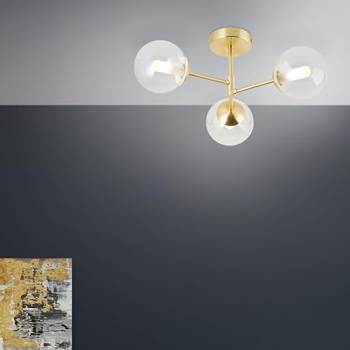 Lightbox glamouröse Deckenlampe - spritzwassergeschützte Deckenleuchte für Badezimmer geeignet - IP44-3 x G9 max. 20 W - 21 cm Höhe & 49 cm Durchmesser - aus Metall/Glas in Goldfarben Matt von Lightbox