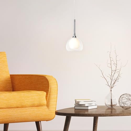 Lightbox moderne Hängelampe - 126 cm, Ø 16 cm - Pendelleuchte mit weißer Glas Abdeckung & klarem Glas Schirm & kürzbarem Kabel - E14, max. 40 W - aus Metall/Glas - in Chrom/Weiß-Transparent von Lightbox