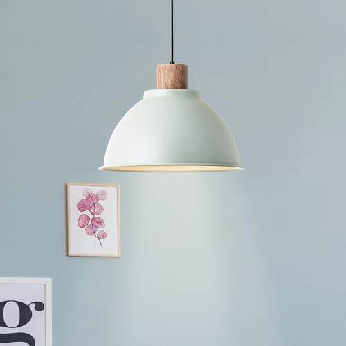 Lightbox moderne Hängelampe in Hellgrün - 120 cm, Ø 38 cm - skandinavische Pendelleuchte mit kürzbarem Kabel - E27, max. 60 W - Metall/Holz aus Kautschukbaum von Lightbox