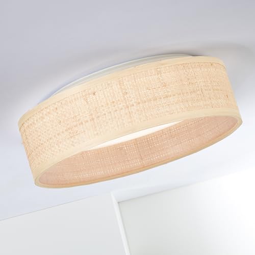 Lightbox moderne LED Deckenlampe - 9 cm Höhe, Ø 28 cm - Deckenleuchte mit Raffia Schirm & CCT (3000-6500 K) - IP44 - für Badezimmer - 24 W, 3100 lm - aus Raffia/Kunststoff/Metall - in Hellbraun/Weiß von Lightbox