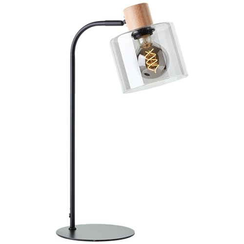 Lightbox moderne Tischlampe - 50 x 18 x 27 cm - Tischleuchte mit rauchfarbenen Glas Schirm & Fassung aus Holz & Schalter - E27 - Metall/Glas/Holz aus Kautschukbaum - in Schwarz/Rauchglas/Braun von Lightbox