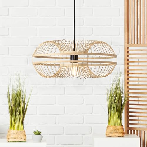 Lightbox ovale Hängelampe mit Ø 48 cm - Boho Pendelleuchte mit kürzbarem Kabel - E27 Fassung - max. 40 W - aus Metall/Bambus - in Schwarz/Beige von Lightbox