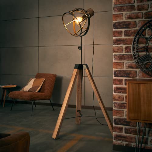 Lightbox rustikale Dreibein-Lampe - höhenverstellbare Stehleuchte mit schwenkbarem Kopf mit Fußschalter - Metall/Holz Schwarz/Stahl - 1,6m Höhe von Lightbox