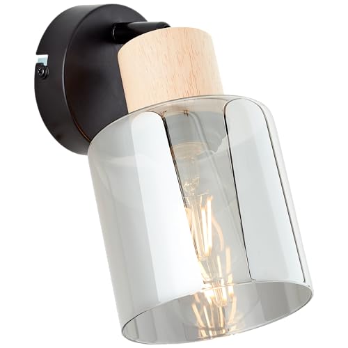 Lightbox schicker Wandspot - 20 x 11 x 20 cm - Wandstrahler mit rauchfarbenen Glas Schirm & schwenkbarem Kopf - E27, max. 40 W - Metall/Glas/Holz aus Kautschukbaum - in Schwarz/Rauchfarben/Hellbraun von Lightbox