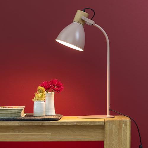 Lightbox skandinavische Schreibtischlampe - 52 cm Höhe - Tischleuchte mit Schalter & schwenkbarem Kopf - E27, max. 40 W - Metall/Holz aus Kautschukbaum - in Hellpink/Hellbraun von Lightbox
