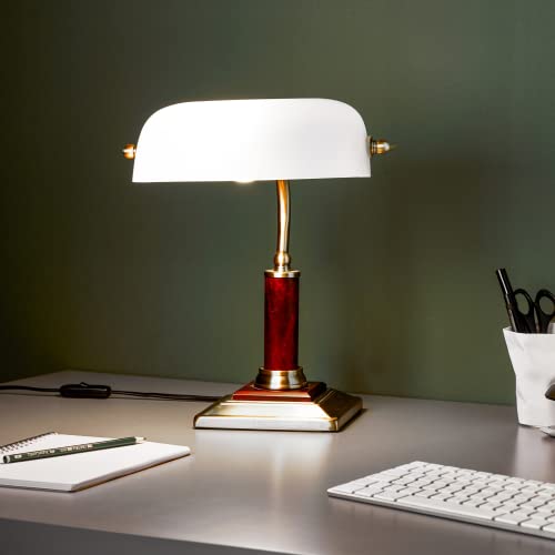 Lightbox Bankerlampe mit schwenkbarem Kopf & Wipp-Schalter | 34 cm Höhe | klassische Schreibtischlampe mit Michglas Lampen-Schirm | aus Glas/Metall/Eichen-Holz in Messing/Gold/Weiß von Lightbox