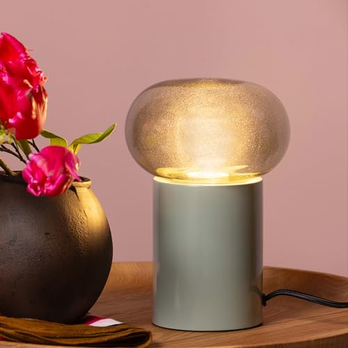 Lighthbox moderne Nachttischlampe - 25 cm Höhe & 15 cm Durchmesser - Tischleuchte mit Glas Abdeckung in Rauchfarben & Schalter - für Schlafzimmer - E27 Fasssung max. 25W - aus Glas/Metall in Grau/Grün von Lightbox