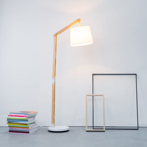 Lightbox Stehlampe - Stehleuchte mit dekorativem Stoff Schirm & Fußschalter - Kopf ist schwenkbar - Metall/Holz/Textil Braun/Weiß - 1,6 m Höhe von Lightbox