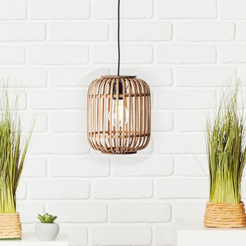 Lightbox Rattan Pendelleuchte - Moderne Hängeleuchte im Boho Stil - E27 Fassung für max. 40W Leuchtmittel - für eine Galerie -hellbraun/schwarz von Lightbox