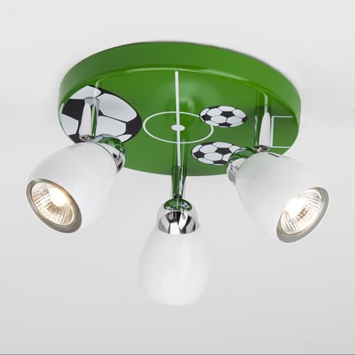 Lighbox Deckenstrahler mit Fußball Motiv Ø 31cm inkl. wechselbarer LED Leuchtmittel 3x3 Watt GU10, 3 x 300 Lumen, 3000 Kelvin, warmweißes Licht - schwenkbares Spotrondell - Metall grün/schwarz-weiß von Lightbox