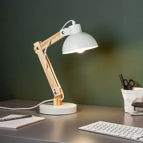 Lightbox dekorative Schreibtischlampe - schwenkbare Tischleuchte - geeignet für 1x E27 - Metall/Holz Weiß - 42cm Höhe von Lightbox