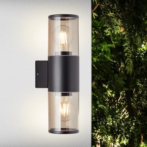 Lightbox Outdoor Wandstrahler - 33 cm x 9 cm - matt schwarze Außen Wandleuchte mit beitseitigem Lichtauslass - für die Hausfassade - 2 x E27 Fassung, max. 20 W - IP44 - aus Aluminium/Kunststoff von Lightbox