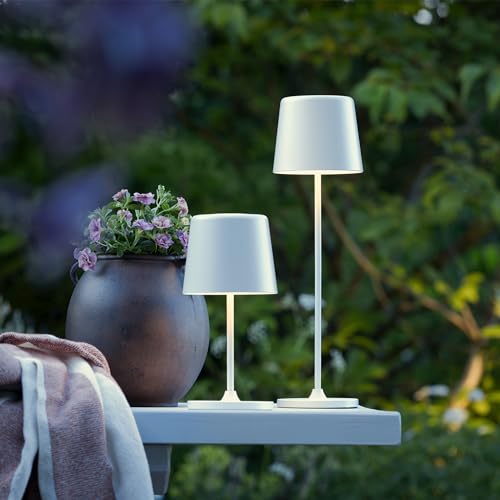 Lightbox LED Tischlampe für Innen & Außen | 37 cm / 23 cm Höhe, Ø 10 cm | matt weiße Outdoor Tischleuchte mit Touch-Dimmer | mobil/kabellos/portable | per USB aufladbar/Akku | 310 lm & 3000 K von Lightbox