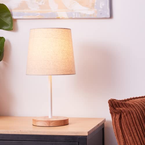 moderne Tischlampe - Tischleuchte mit dekorativem Stoffschirm & Schalter - geeignet für 1x E27 Leuchtmittel - Metall/Textil/Holz Weiß/Natur - 42cm Höhe von Lightbox