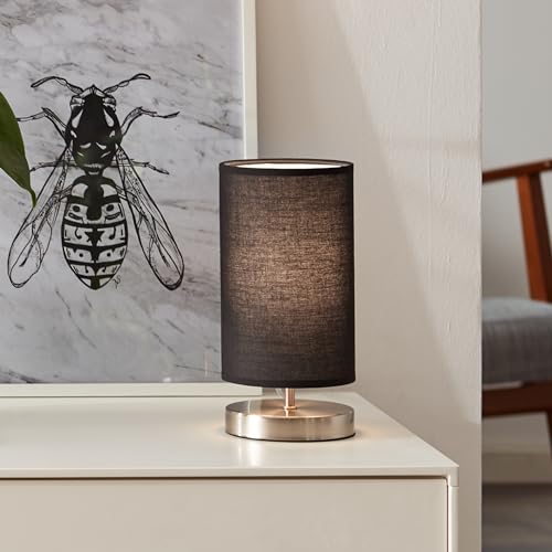 Lightbox Tischlampe | 26 cm Höhe | moderne Tischleuchte mit dekorativem Stoff Lampen-Schirm & Wipp-Schalter | E14 Fassung | in Metall/Textil aus Eisen/Silberfarben/Schwarz von Lightbox