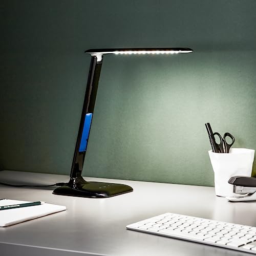 schwarze LED Schreibtischlampe mit Datumsanzeige & Weckfunktion / Thermometer - Tischleuchte mit Touchdimmer - CCT - inkl. USB - 55 cm Höhe - 6,5 W - 320 lm - 2800 - 6500 K - aus Kunststoff/Metall von Lightbox
