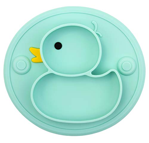Baby Teller Rutschfeste Saugfütterungsplatte für Kleinkinder Babys Kinder Tischset mit Saugnäpfen BPA-frei, FDA-geprüft, Spülmaschinen-und mikrowellengeeignet (Cyan Ente) von AUNEOS